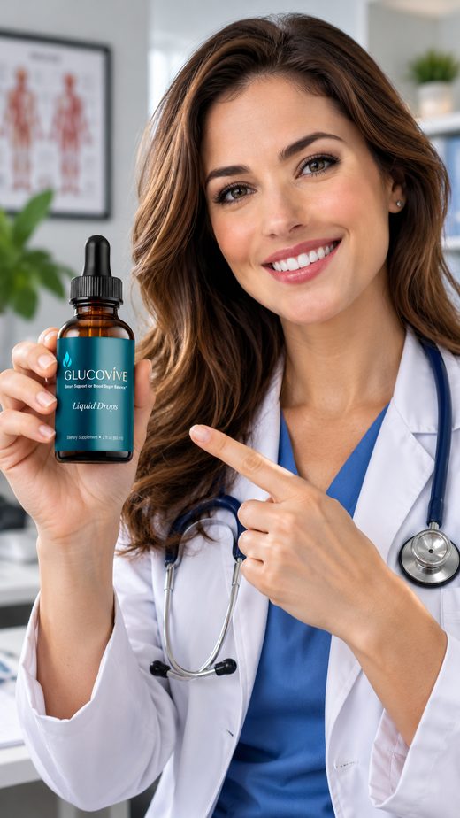 Brand illustration of a person holding a GlucoVive bottle
